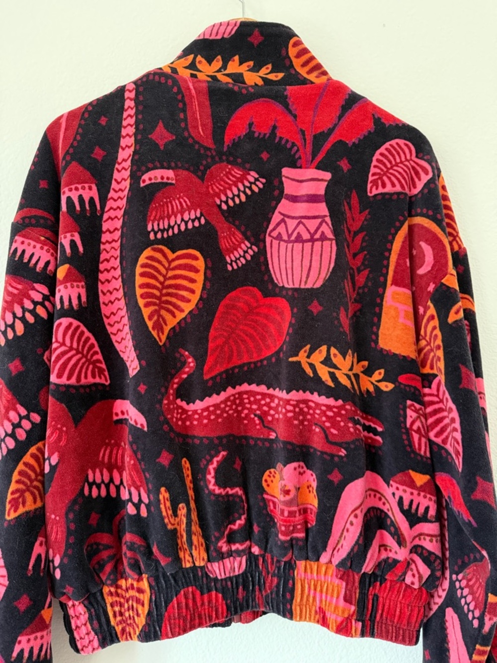 Farm Rio Black Tropical Magic Plush Velvet Bomber Jacket women's size Small - Picture 10 of 16
